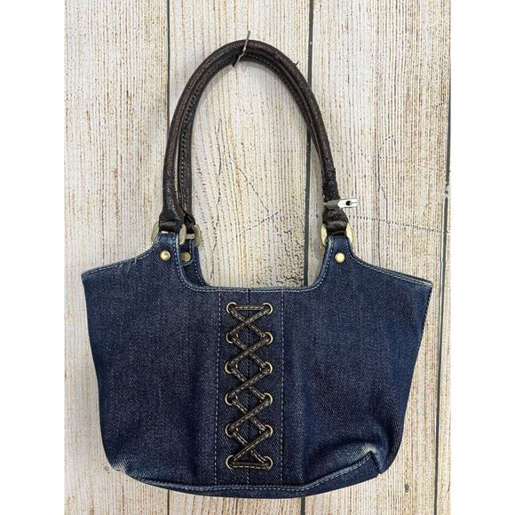 Vtg Y2K Small Denim Handbag Faux Leather Lace Up Front Blue Jean Shoulder Bag - Picture 4 of 15